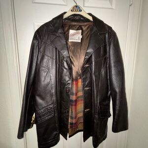 Vintage 1970s Leather Mobster Gangster Coat Dark Brown size 44 Large